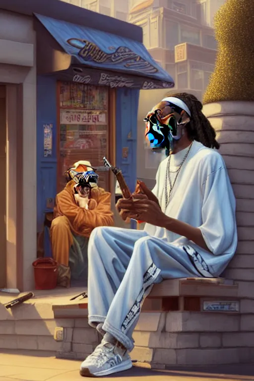 Prompt: an old man sit with snoop dogg in front of a barber shop, smoking a weed!!, intricate, elegant, highly detailed, digital painting, artstation, concept art, smooth, sharp focus, illustration, art by joongwon charles jeong and mike dargas and marco grassi, 8 k
