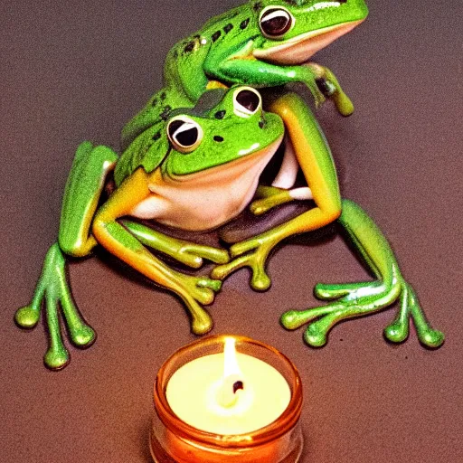 Prompt: intricate romantic candle light dinner of two frogs