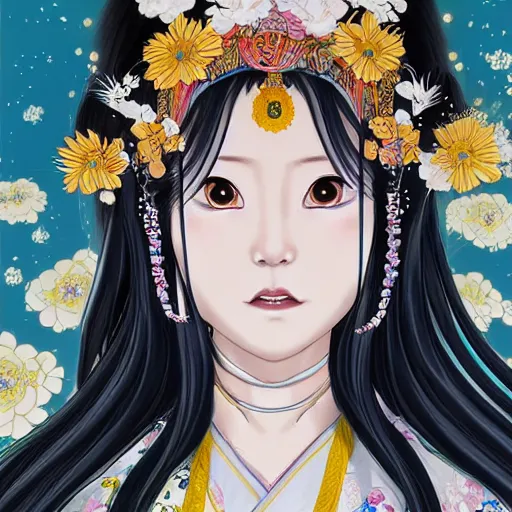 Prompt: portrait of the japanese moon princess kaguya hime with long flowing black hair wearing an ornate kimono with intricate floral patterns, touhou character illustration by ross tran, bo chen, toni infante, rebecca oborn, michael whelan, trending on artstation cgsociety hq