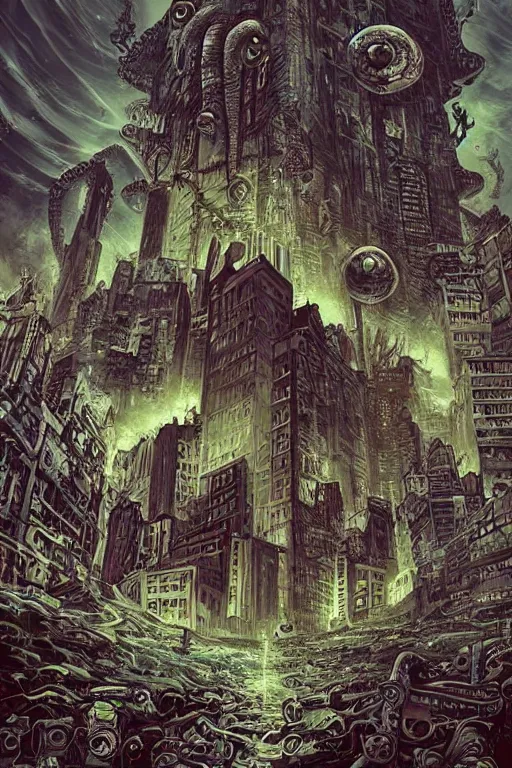 Prompt: the end of the world as we know it, urban city, lovecraftian horror, epic composition, full - color