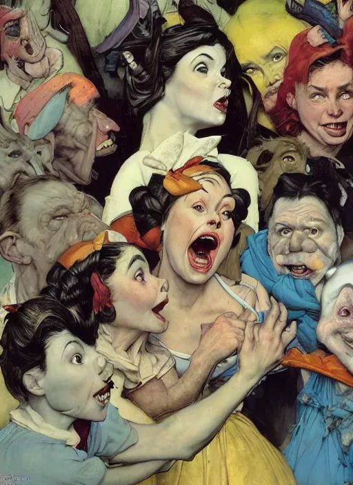 Prompt: realistic detailed image of Snow white and the seven dwarfs in the style of Francis Bacon, Surreal, Norman Rockwell and James Jean, Greg Hildebrandt, and Mark Brooks, triadic color scheme, By Greg Rutkowski, in the style of Francis Bacon and Syd Mead and Edward Hopper and Norman Rockwell and Beksinski, open ceiling, highly detailed, painted by Francis Bacon, painted by James Gilleard, surrealism, airbrush, Ilya Kuvshinov, WLOP, Stanley Artgerm, very coherent, art by Takato Yamamoto and James Jean