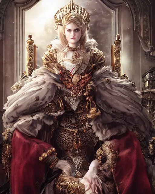 Prompt: character portrait of white queen alexandra daddario with gorgeous detailed eyes sitting on a throne, color page, tankoban, 4 k, tone mapping, doll, akihiko yoshida, james jean andrei riabovitchev marc simonetti, yoshitaka amano, willowy frame