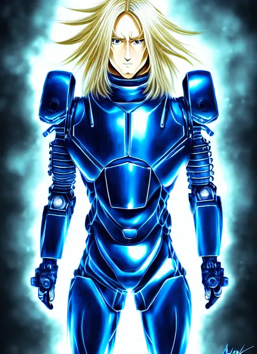 Image similar to a detailed manga full body portrait illustration of a man with long blonde hair and blue eyes wearing a sci - fi battle suit by hirohiko araki, detailed artwork, realism, 4 k resolution, detailed, high quality, sharp focus, hq artwork, insane detail, volumetric lighting, character concept art, fine details, clear subject, central subject