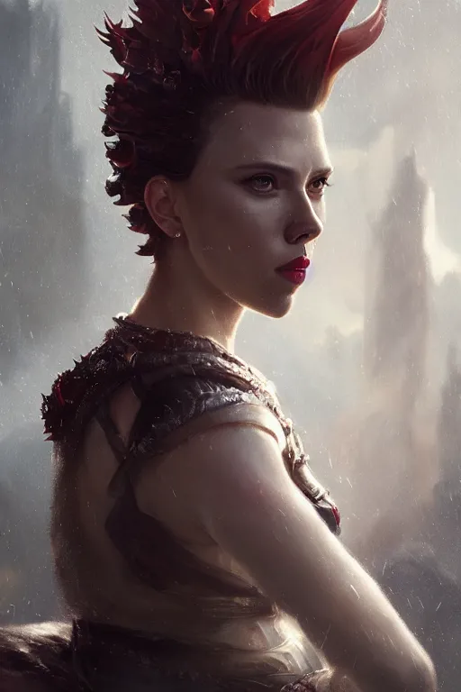 Image similar to a fancy portrait of Scarlett Johansson as a dragon queen by Greg Rutkowski, Sung Choi, Mitchell Mohrhauser, Maciej Kuciara, Johnson Ting, Maxim Verehin, Peter Konig, final fantasy , mythical, 8k photorealistic, cinematic lighting, HD, high details, atmospheric,