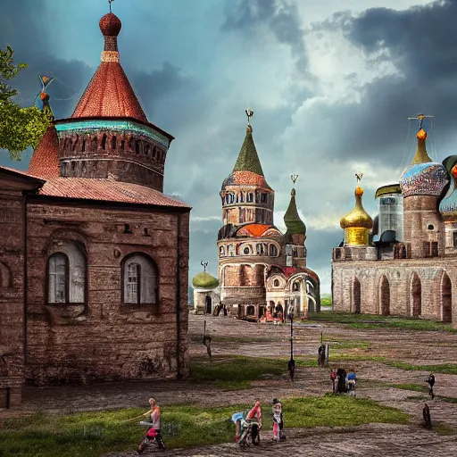 Prompt: photo fantastic ancient Russian city of Kitezh, ancient Russian architecture, terem, concept art, photo of Breeze Kaze,