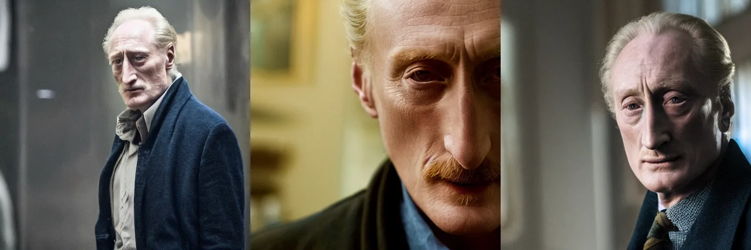 Prompt: close-up of Charles Dance as a detective in a movie directed by Christopher Nolan, movie still frame, promotional image, imax 70 mm footage