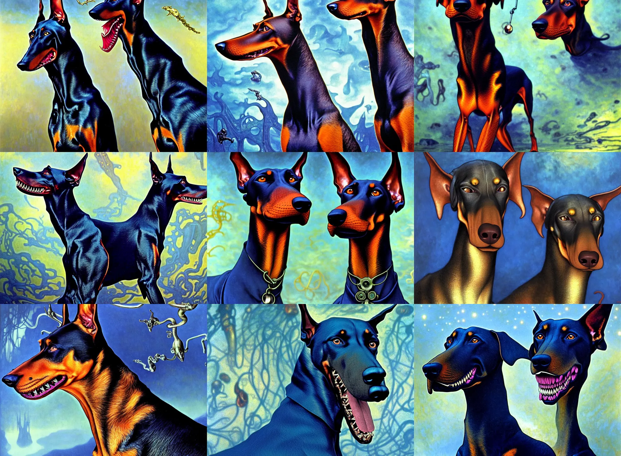 Prompt: realistic detailed portrait movie shot of a snarling doberman wearing an elegant suit, sci fi landscape background by denis villeneuve, amano, yves tanguy, alphonse mucha, ernst haeckel, max ernst, roger dean, masterpiece, rich cold moody colours, dog teeth, blue eyes