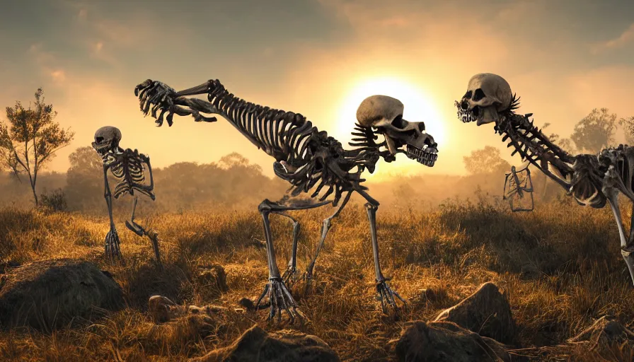 Image similar to hyper realistic highly detailed nature photography of skeleton zombies, prehistoric planet, volumetric lighting, octane render, 4 k resolution, golden hour