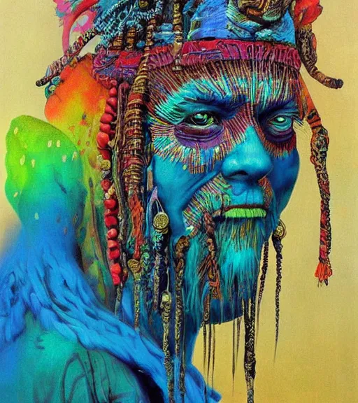 Image similar to Portrait painting in a style of Beksinski mixed with Alex Grey of an old shaman dressed in a colorful traditional clothes. Very psychodelic