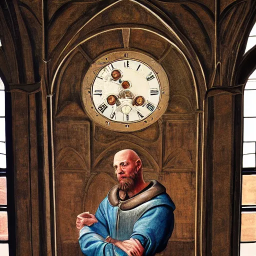 Image similar to medieval monk maintaining an enormous, complex, mechanical clock, oil painting, warm lighting, photorealistic, trending on artstation