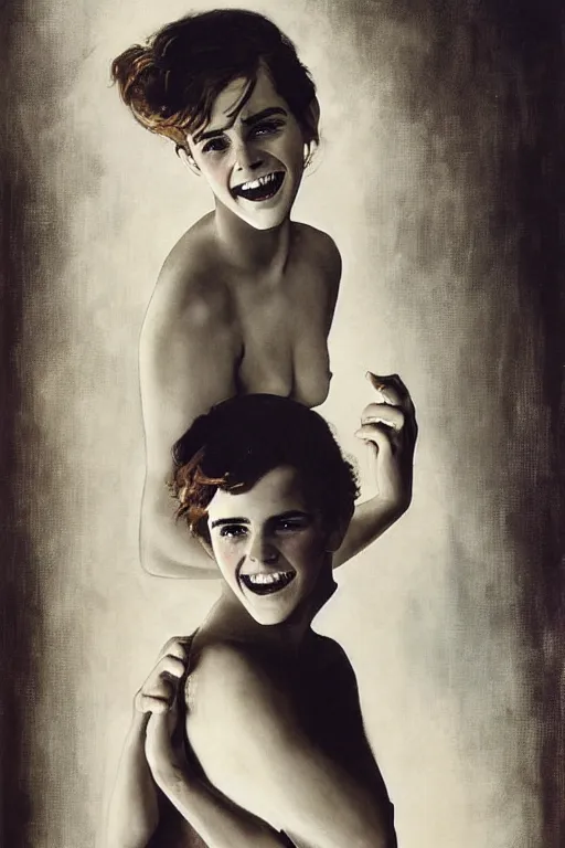 Image similar to emma watson laughing detailed portrait painting by gaston bussiere craig mullins j. c. leyendecker photograph by richard avedon peter lindbergh