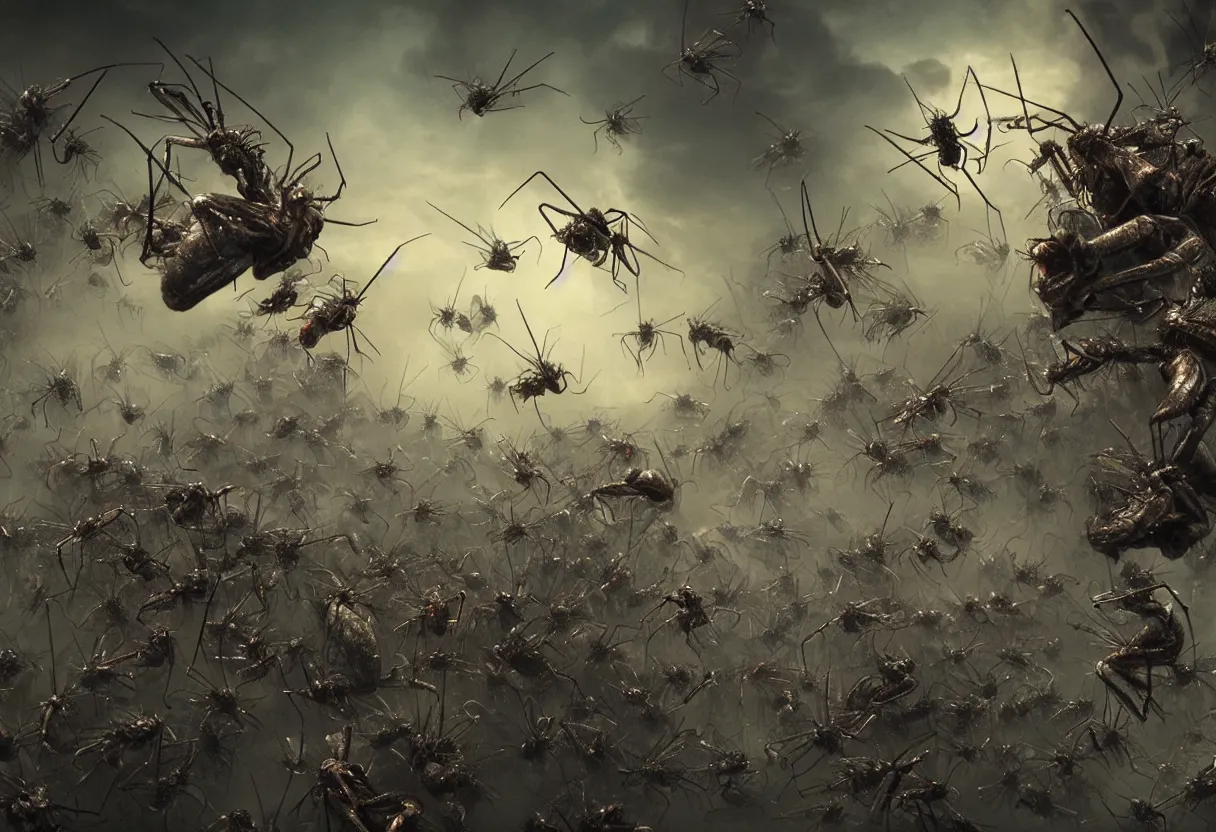 Prompt: attack of a swarm of monstrous mosquitoes from hell, ominous background, hyper realism, realistic, dramatic lighting, octane render, highly detailed, cinematic lighting, cinematic, art by frank frazetta