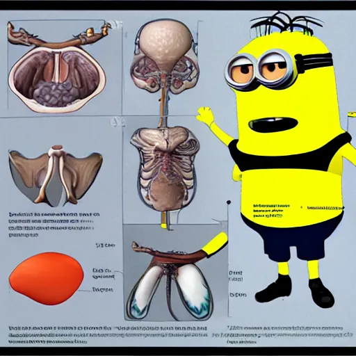 Image similar to A detailed biological anatomy of a minion, photorealistic, textbook, scientific