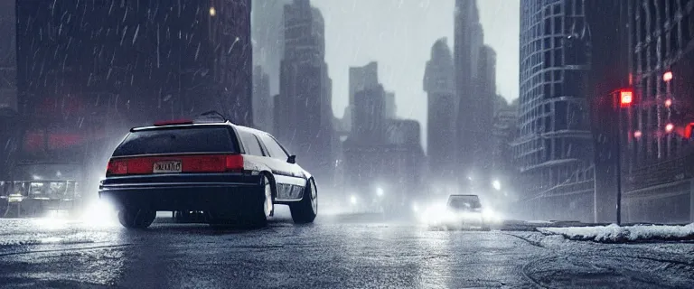 Image similar to Audi RS 2 Avant (1995), black car, a gritty neo-noir, dramatic lighting, cinematic, establishing shot, extremely high detail, photorealistic, cinematic lighting, artstation, by simon stalenhag, Max Payne (PC) (2001) winter new york