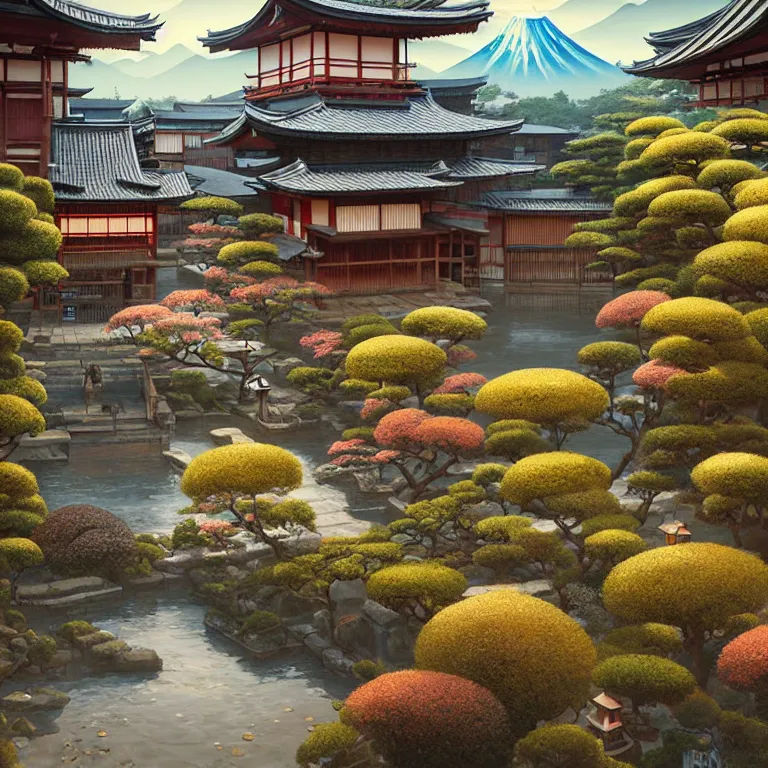 Image similar to old japanese town with garden viewed from harbor, d & d digital painting, ultra realistic, beautiful, volumetric lighting, warm colors advance, cell shading, by james jean, greg rutkowski,