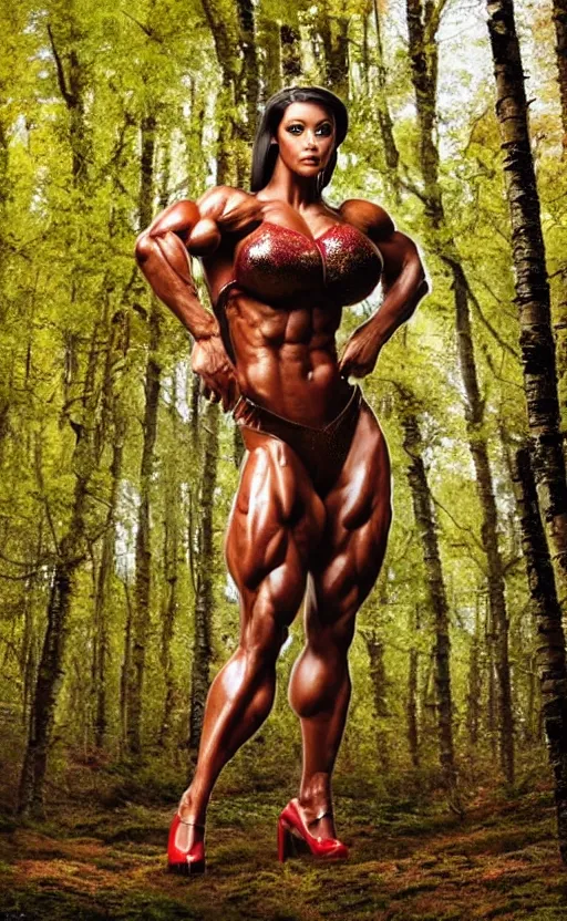 Image similar to photo of bodybuilder woman posing in birch forest in jeff koons hip hop bauhaus style, beautiful detailed face, ultra realistic, concept art, intricate details, serious, highly detailed, photorealistic, octane render, 8 k, unreal engine, art by todd mcfarlane