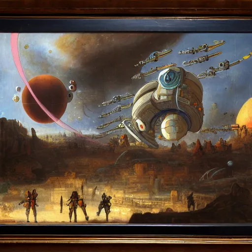 Prompt: an intricate, highly detailed oil painting of a giant anime robot with rounded and circular parts walking towards a spaceship, in the background is a spaceport with spaceships taking off and landing, by rembrandt