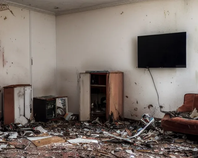 Prompt: Award winning photo of a living room of a flat abandoned 30 years ago, urban exploring, 4k, high quality