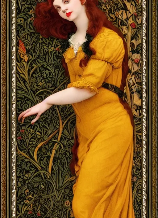 Prompt: masterpiece beautiful seductive curvey pose preraphaelite portrait photography, hybrid of judy garland and zooey deschanel fringe, hipster hair fringe, yellow ochre ornate medieval dress, william morris and kilian eng and mucha, framed, 4 k