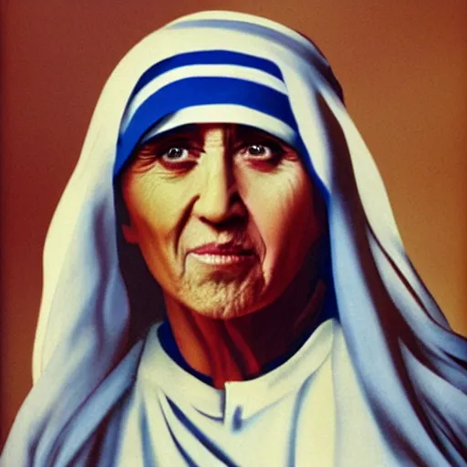 Prompt: nic cage as mother teresa, buff, painted portrait, highly detailed,