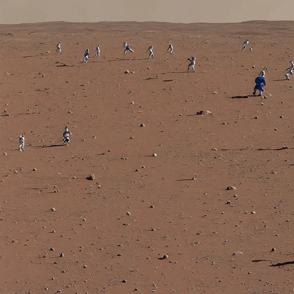 Image similar to astronauts playing soccer match on mars