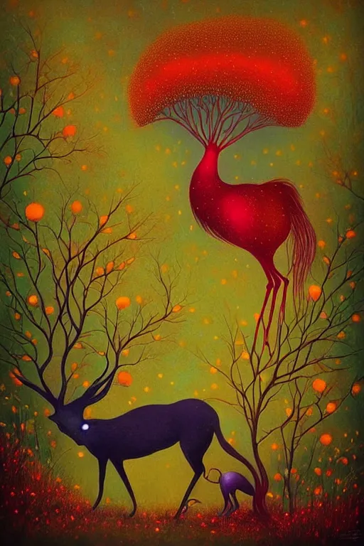 Prompt: surreal, fantasy, fairytale animals, flowerpunk, mysterious, vivid autumn colors, by andy kehoe