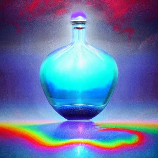 Image similar to blue perfume bottle surrounded by turquoise water droplet and waves, lonely world still shining through faintly rainbow led lights, beautiful surreal scenery artwork pixiv. soul dust. unthinkable dream sublime god lighting, sun rays, cold colors. insanely detailed, artstation!! pixiv!! infinitely detailed created by god