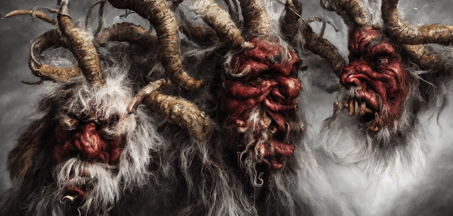 Image similar to hyperrealist highly detailed neo-baroque photography portrait of krampus standing in dolomites concept art pascal blanche dramatic studio lighting 8k wide angle shallow depth of field