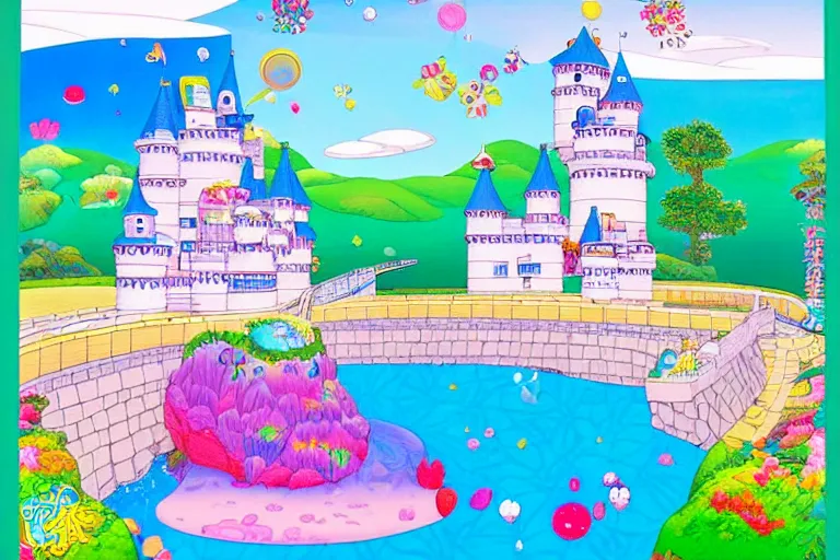 Prompt: an old castle on a seaside cliff by chiho aoshima and lisa frank and heremia ketner coloring book like art