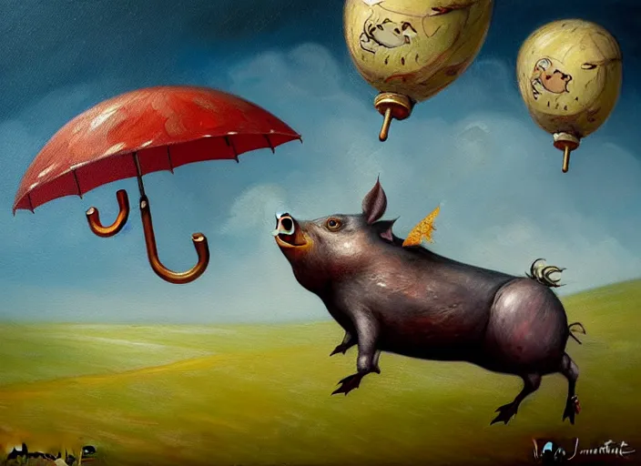 Image similar to detailed oil painting of flying pig with umbrella by marc simonette and alexander jansson, concept art