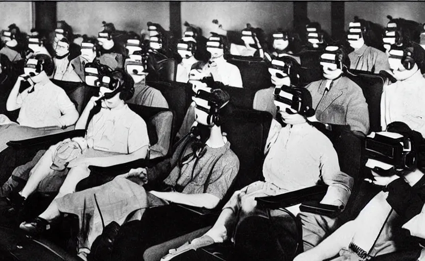 Image similar to 1 9 0 0 s photo of people using iphones ipods virtual reality headsets vr in a movie theater masterpiece