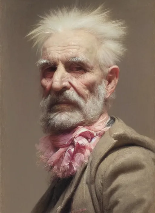 Image similar to a detailed portrait of old man with a long pink mohawk by edouard bisson, punk rock, oil painting, muted colours, soft lighting