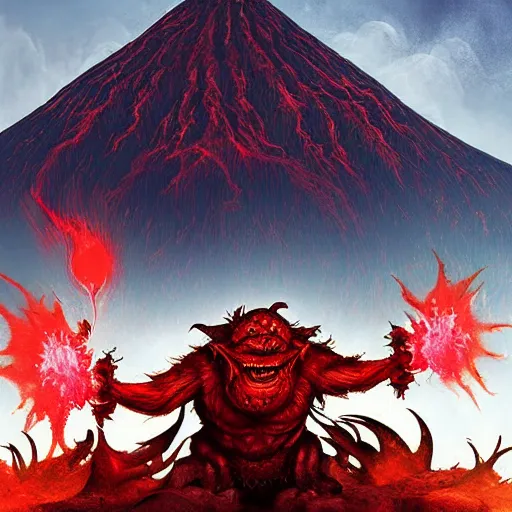 Image similar to “ a highly detailed red volcanic goblin, like magic the gathering, goblin chainwalker, with a volcano in the background, digital art, by christopher rush ” w 7 6 8