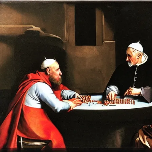 Prompt: the pope playing poker with satan, by velazquez