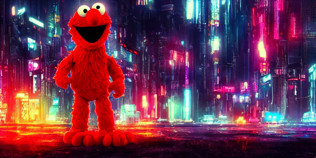 Image similar to elmo!! in cyberpunk night city wallpaper rendering, digital art