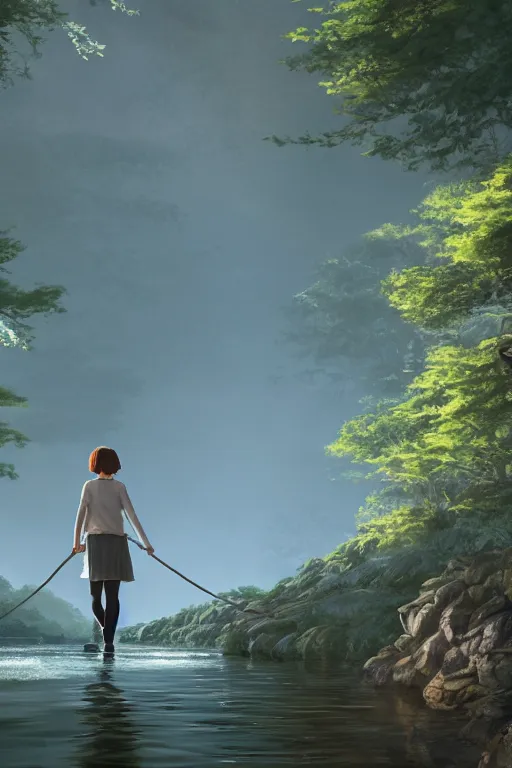 Prompt: a wholesome cottagecore illustration of a woman walking on the backs of a river with her shadow flowing behind, studio Ghibli, Pixar and Disney animation, sharp, Rendered in Redshift and Unreal Engine 5 by Greg Rutkowski, Bloom, dramatic lighting