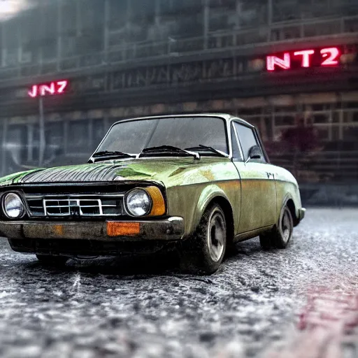 Image similar to closeup photo of vin diesel driving fiat 1 2 4, lada 2 1 0 1 2 1 0 6 zhiguli, ultra realistic, highly detailed, city, cinematic, art by jan urschel and neil blevins