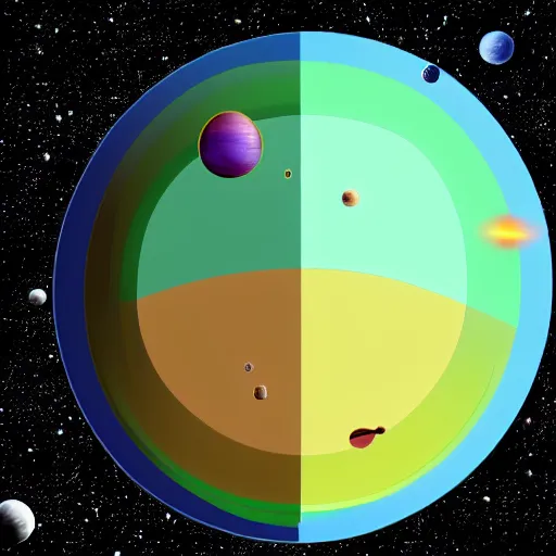 Image similar to a scientific diagram of several small colorful planets orbiting each other