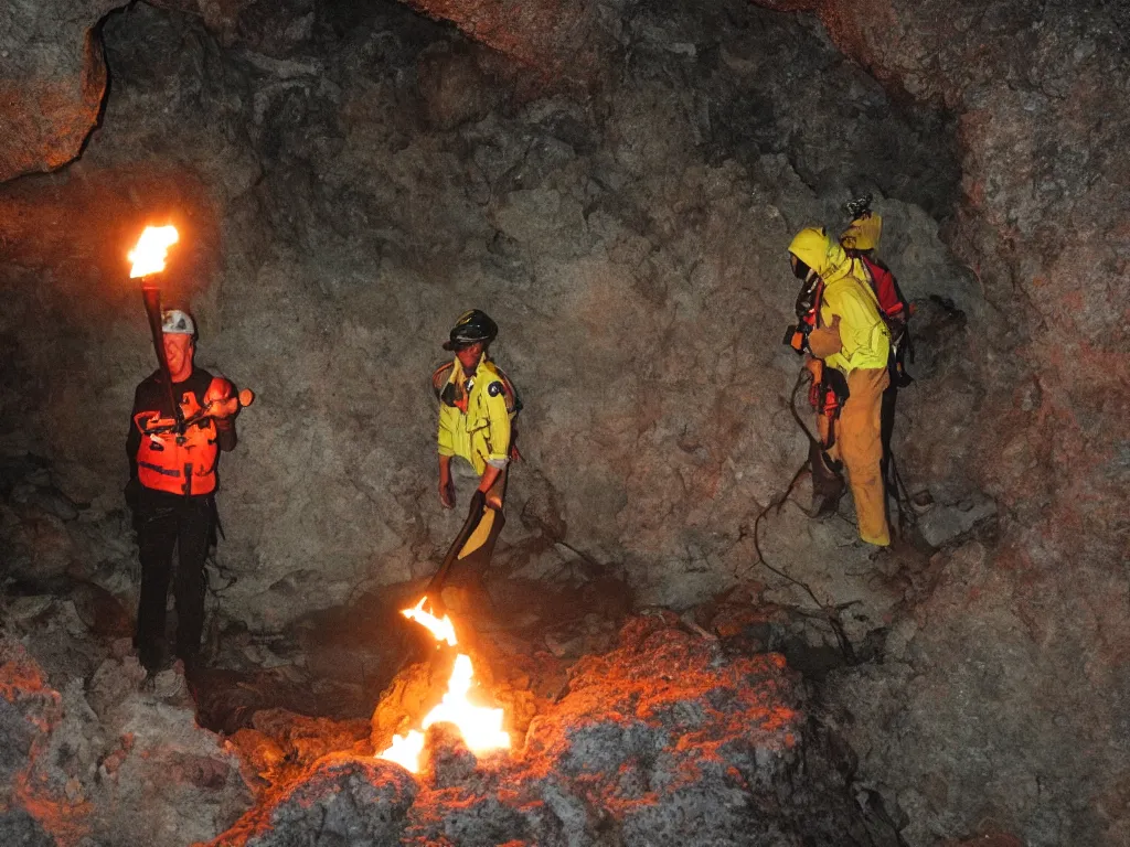 Image similar to one man bringing fire with torch into cave in darkness