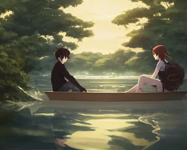 Image similar to a boy and a girl with long flowing auburn hair, boy has short black hair, sitting next to each other in one single boat. Atmospheric lighting, long shot, romantic, boy and girl are the focus, trees, blue water. Anime. By Makoto Shinkai, Stanley Artgerm Lau, WLOP, Rossdraws, James Jean, Andrei Riabovitchev, Marc Simonetti, krenz cushart, Sakimichan, D&D trending on ArtStation, digital art.