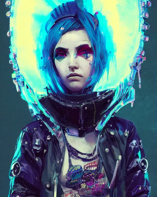 Prompt: detailed portrait Punk Girl cyberpunk futuristic ((neon)) Reflective puffy sheen film jacket, decorated with traditional japanese ornaments by ismail inceoglu dragan bibin hans thoma greg rutkowski Alexandros Pyromallis Nekro Rene Margitte illustrated Perfect face, fine details, realistic shaded, fine-face, pretty face