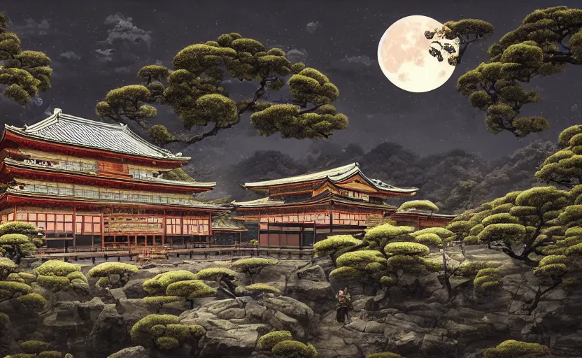 Image similar to highly detailed painting of old, ruined, japanese palace from sengoku period, surrounded by dense rock formations, high in mountains, night with bright moon light, environment concept art, photobash, unreal engine render, nanite