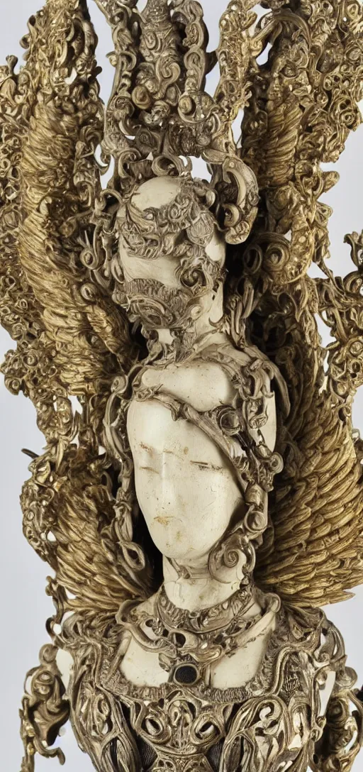 Image similar to carved black marble mechanical bust wearing hard surface armour, subtle gold accents, frontal view, ivory rococo, wings lace wear, hyper detailed, insane details, intricate