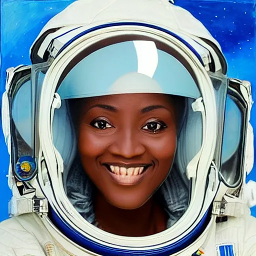 Image similar to “nigerian female astronaut on board international space station wearing space suit and translucent helmet, highly detailed, fish eye lens, in the style of Edward hooper oil painting”