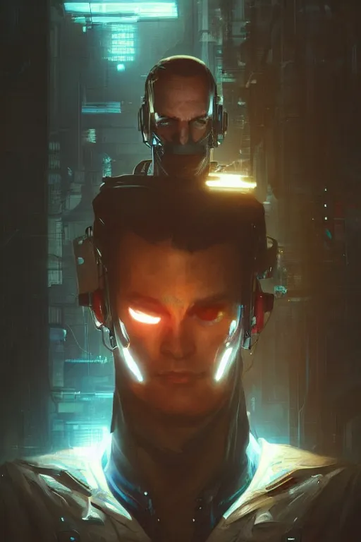 Image similar to cyberpunk man with face tech, dim ambient lighting, dark shadows, highly detailed, 8k, rim lighting, digital painting, artstation , concept art, sharp focus, illustration, art by artgerm and greg rutkowski and alphonse mucha