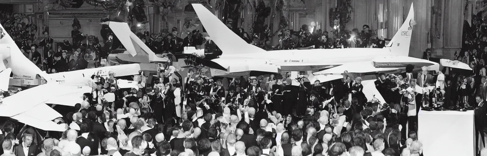 Image similar to a transforming mecha-concorde is presented with the medal d'honneur, Paris 1982