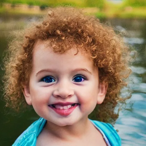 Prompt: toddler with blond curly hair holding a duck, lake, photo realistic, portrait