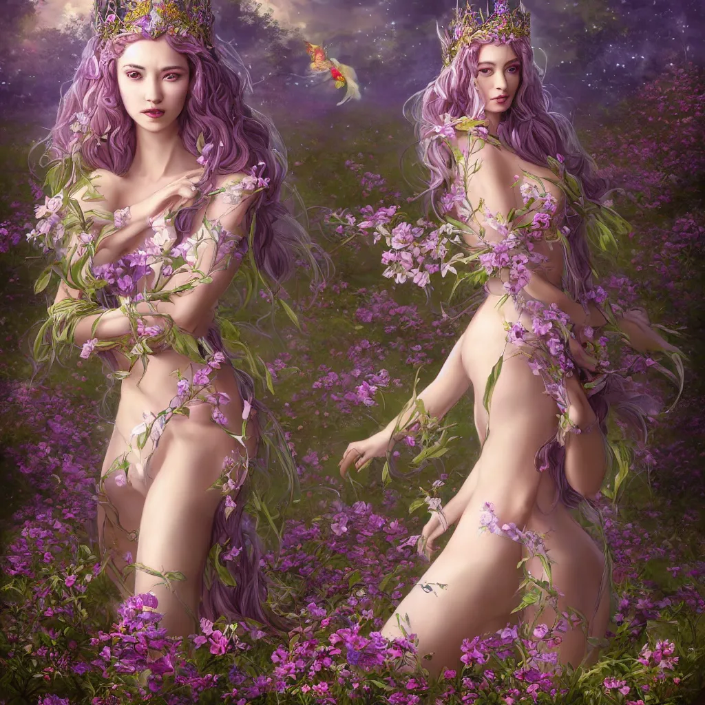 Prompt: A beautiful fantasy empress, highly detailed full body, just one person, breathtaking flower tiara, long hair, gorgeous aristocrat robe, beautiful figure, field of fantasy flowers and leaves, foxes and deer, epic composition, ultra wide-shot, dynamic pose, concept art, beautifully lit from left side, digital painting, smooth, character design, ((sharp focus)), elegant, intricate, artstation, by WLOP and James Jean and Victo Ngai