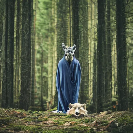 Image similar to professional photograph of tall humanoid creature with wolf skull wearing a full body dark blue blanket in the middle of the forest