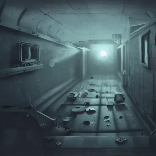 Image similar to Concept art, inside an narrow and dark room of an empty ussr submarine, messy, foggy, littles light shafts coming from bullet holes, 8k, cinematic, high details, neat